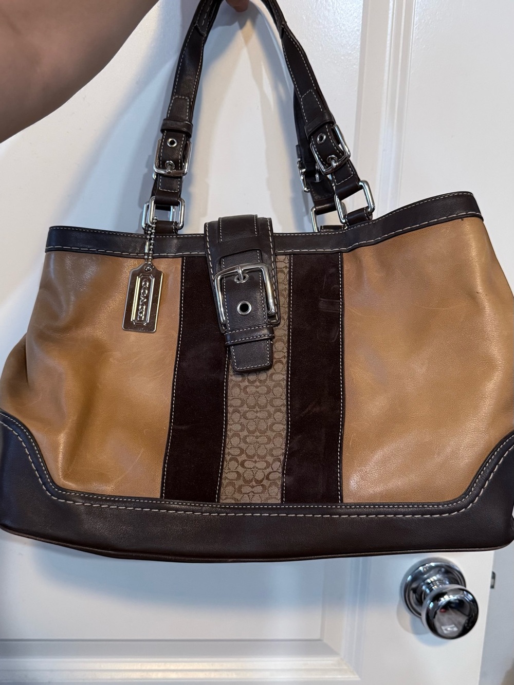 Coach Two-Tone Brown & Tan Signature Stripe Shoulder Tote